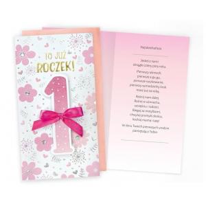 Karnet. 1 Urodziny (roczek, cyferki, różowe kwiatki) PM-266
